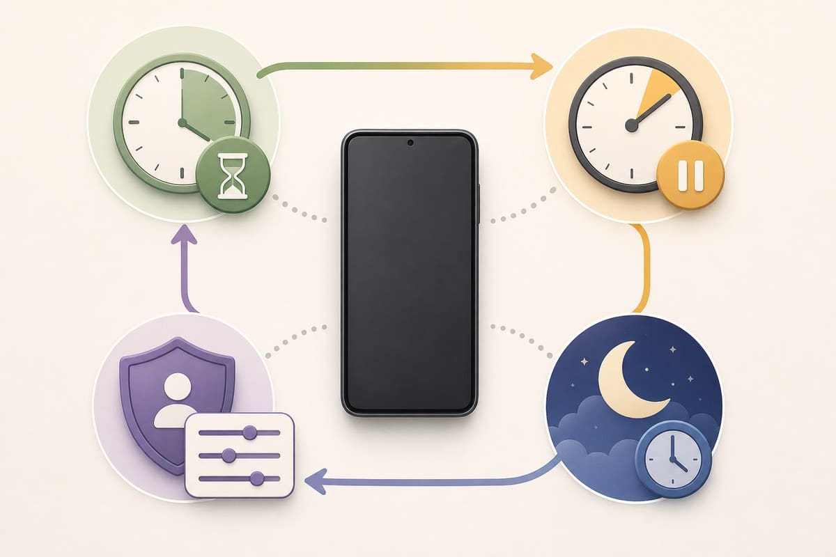 Conceptual diagram showing teen account time limits, breaks, overnight restrictions and parental controls.