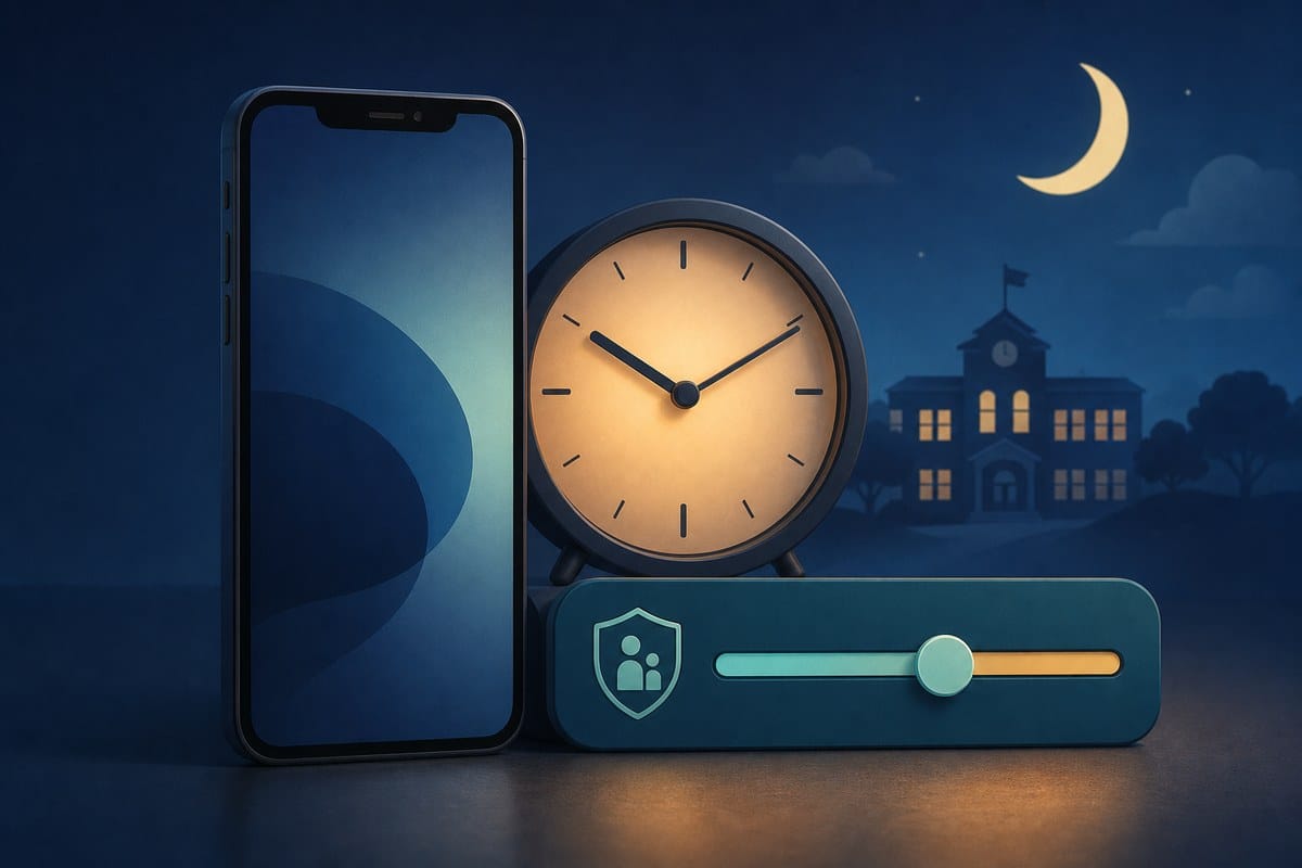 A generic smartphone beside a clock, parent-control slider and nighttime symbols.