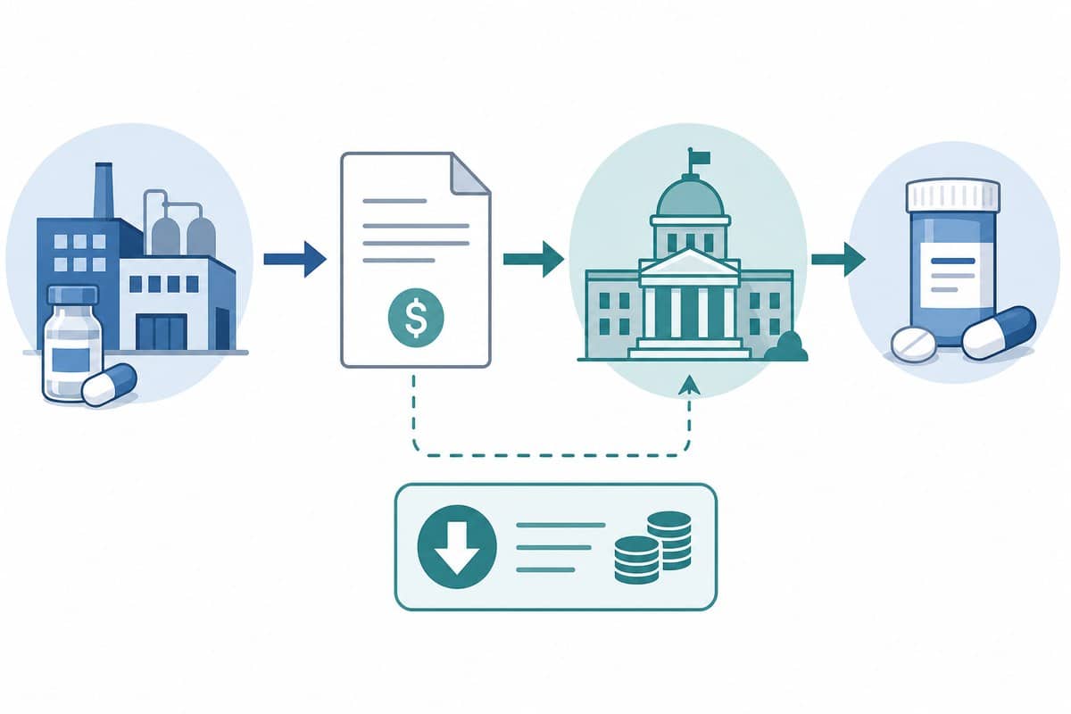 Illustration showing manufacturer rebates flowing through Medicaid to reduce net drug costs