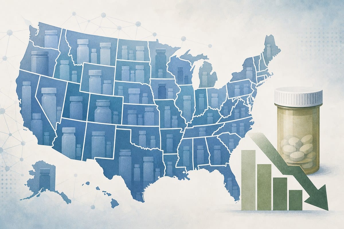 Conceptual United States map connected to prescription medicine pricing symbols