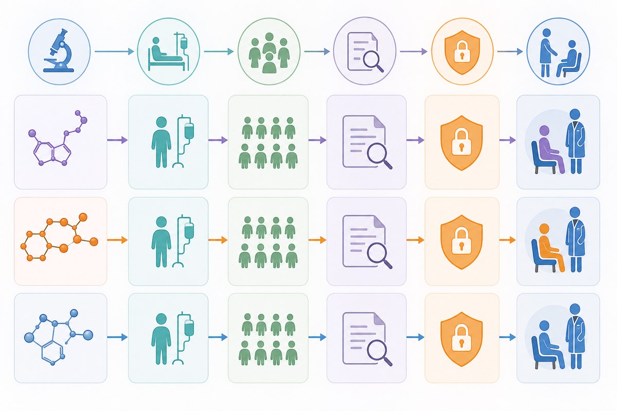 Conceptual diagram of research, clinical testing, regulatory review and possible patient access pathways.