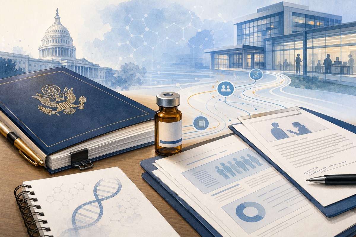 Editorial illustration of a policy document, laboratory vial and clinical research pathway.