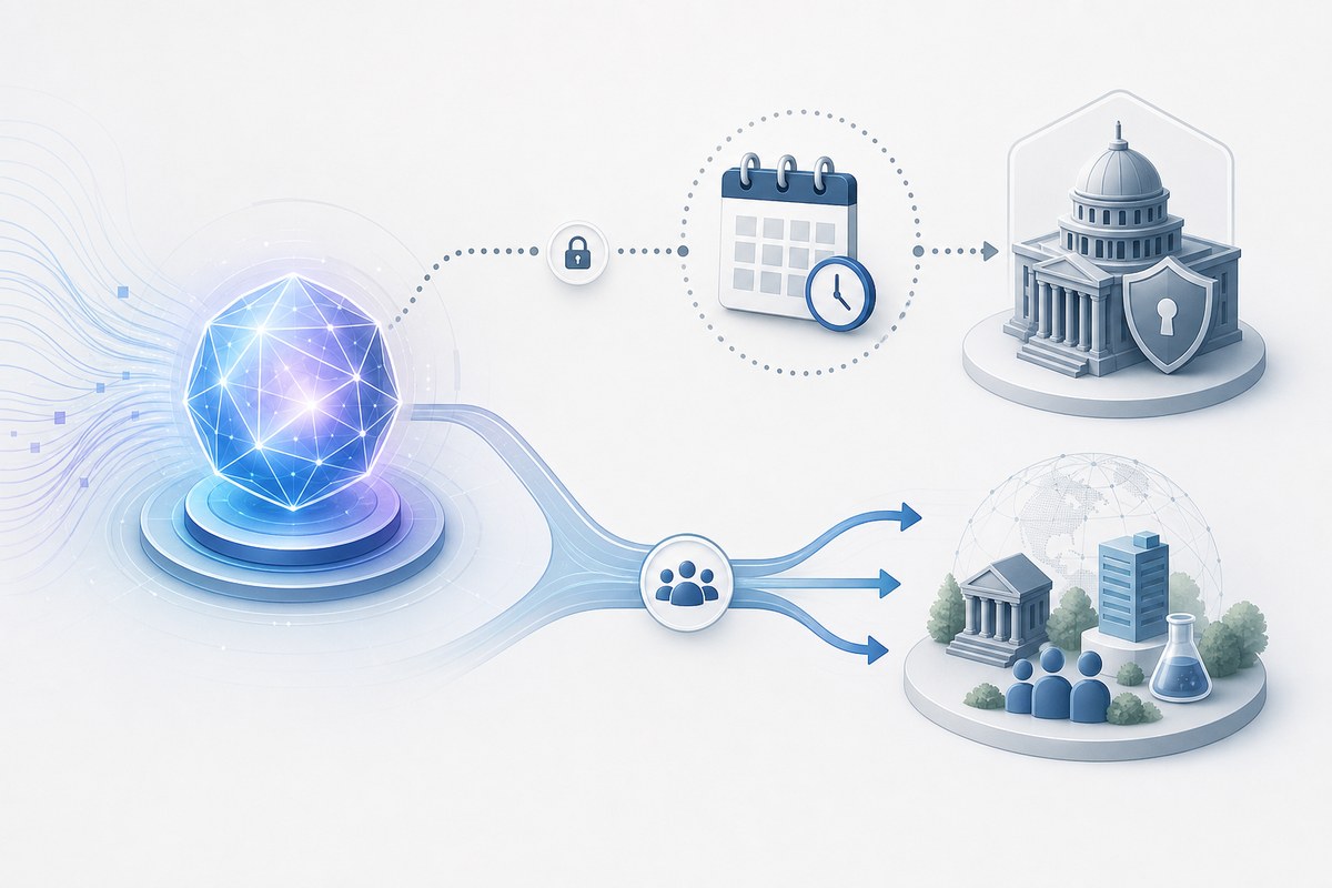 Conceptual diagram showing optional government review before a frontier AI model reaches trusted partners