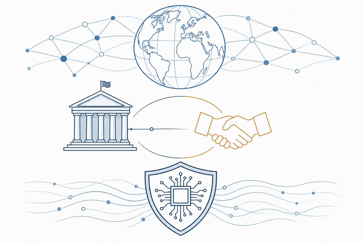Conceptual layers representing international AI governance, voluntary cooperation and cybersecurity safeguards.