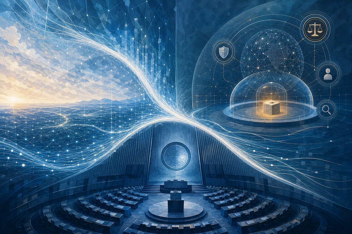 Abstract U.N. assembly hall divided by open and bounded AI network paths.