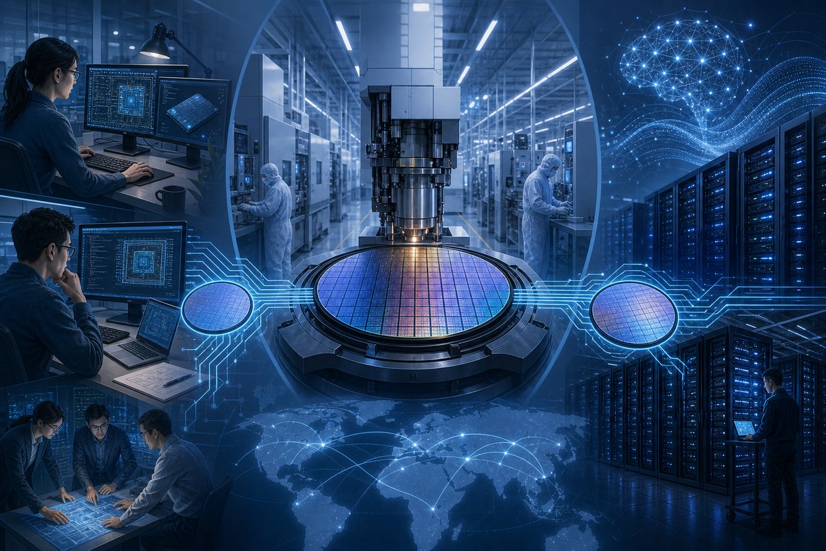 Conceptual diagram of chip designers, an advanced foundry and AI data-center servers