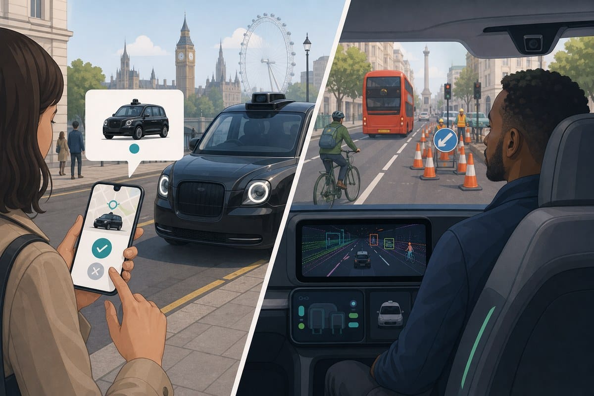 Illustration showing app matching and a safety driver supervising an autonomous taxi on a London street.
