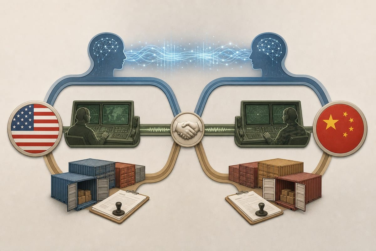 Abstract illustration showing separate AI, military communication and trade tracks between the United States and China