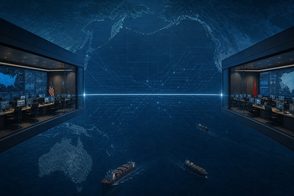 Two operations rooms connected across a Pacific map by an illuminated communication line