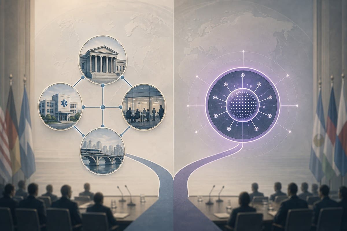 Conceptual illustration comparing sector-based AI oversight with a centralized AI regulator.