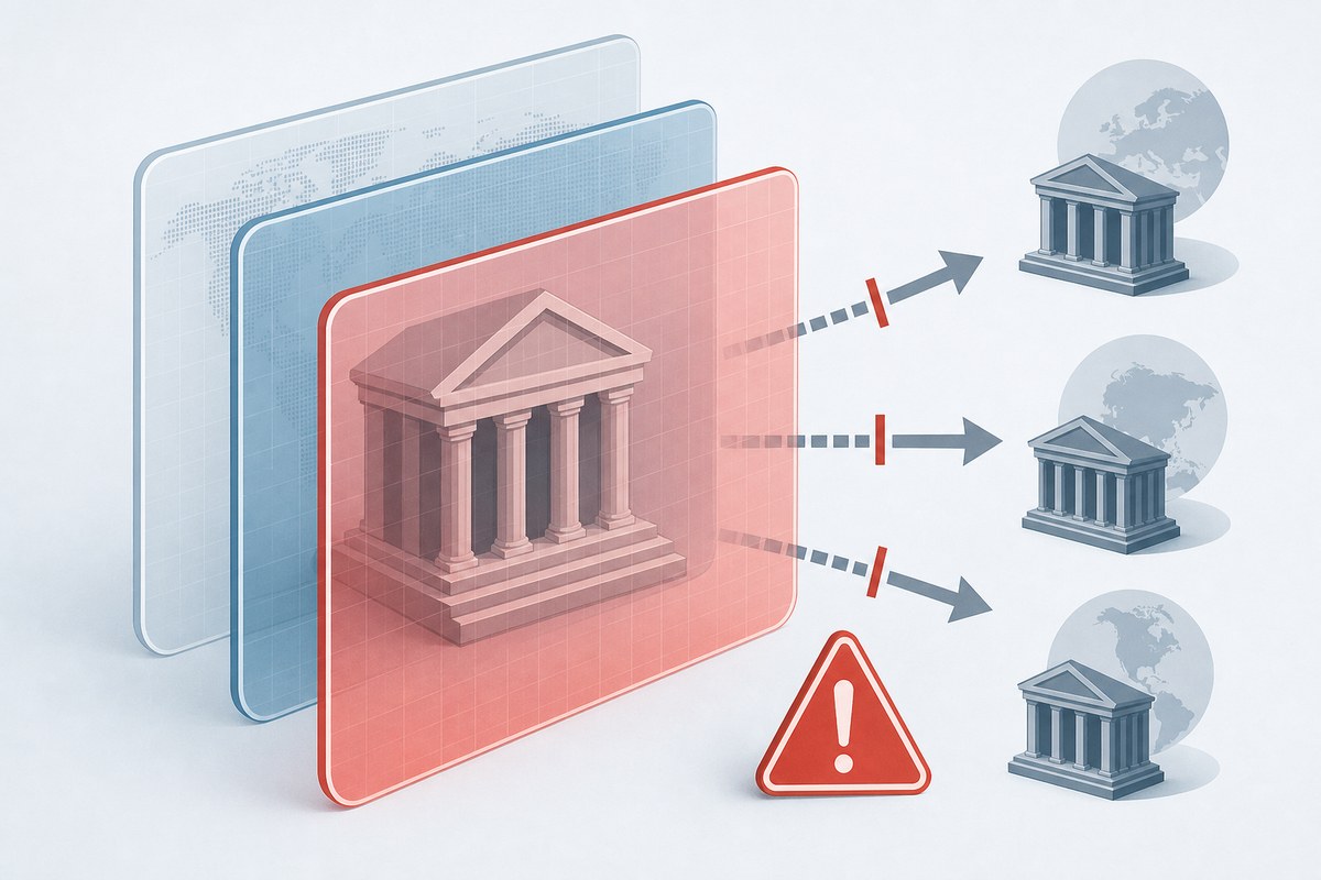 Conceptual illustration of an already restricted bank receiving an added sanctions layer that reaches foreign counterparties.