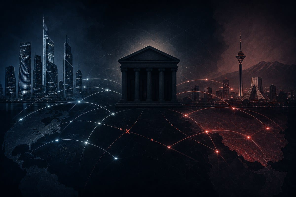 Abstract banking network linking Russia and Iran with several interrupted cross-border payment lines.