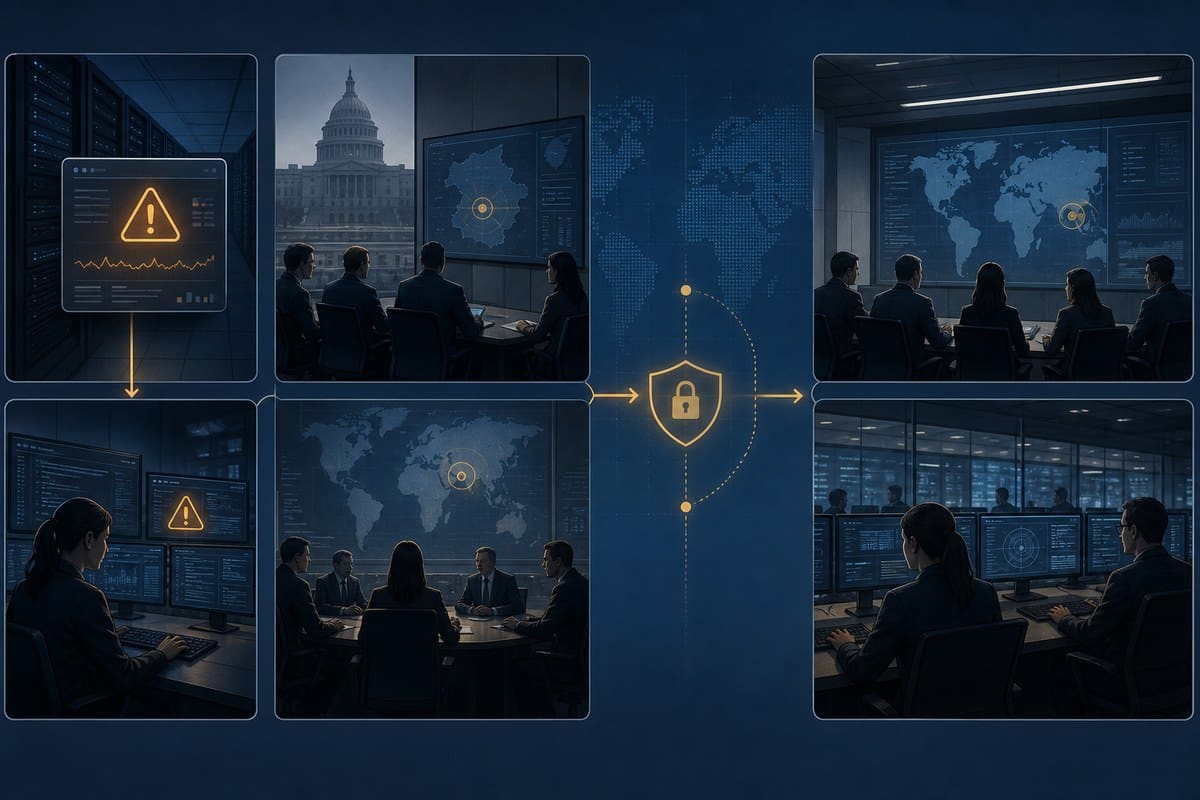 Conceptual flow from an AI incident alert through government review to a bilateral notification channel
