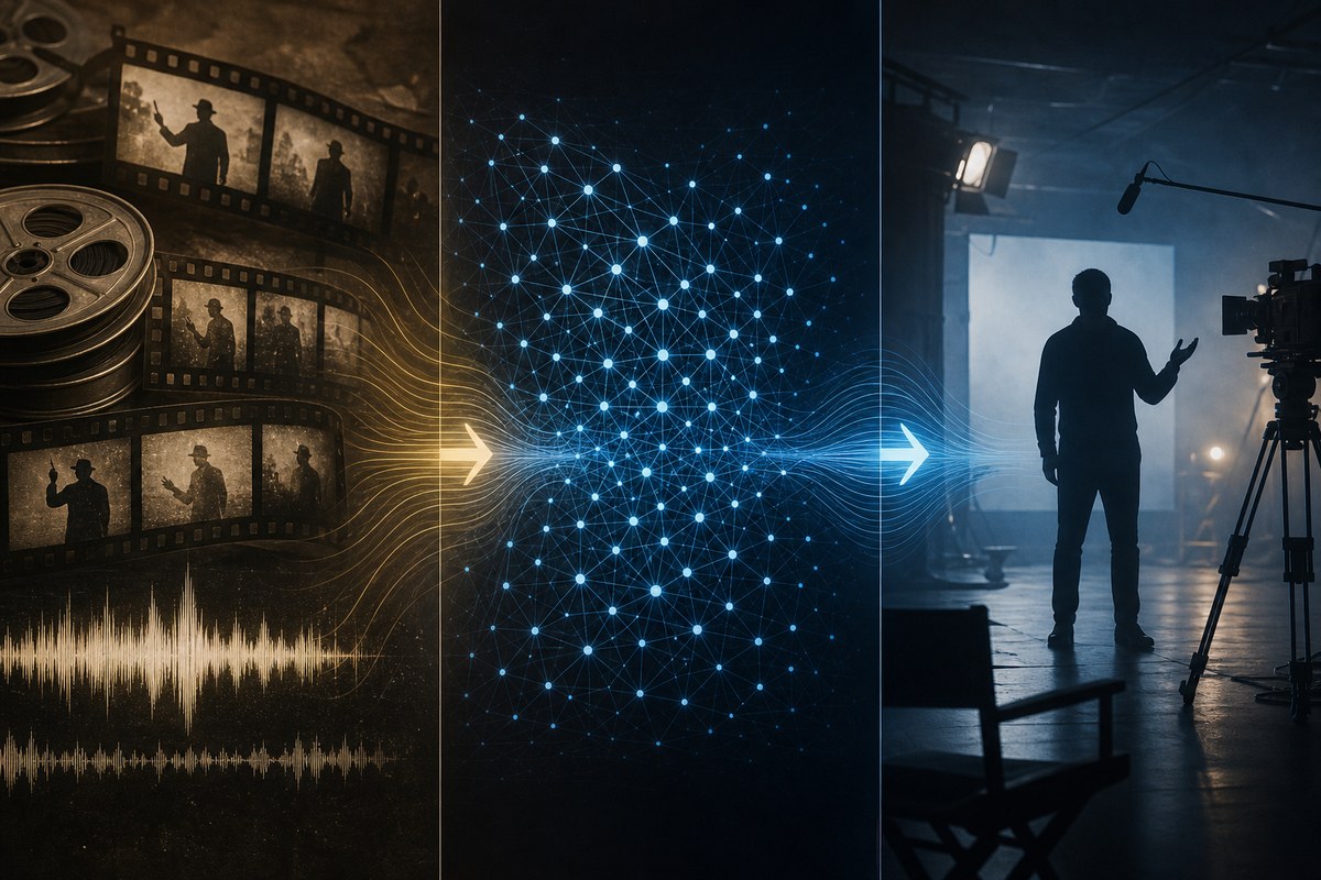 Conceptual sequence showing archival media transformed into an abstract digital screen character.