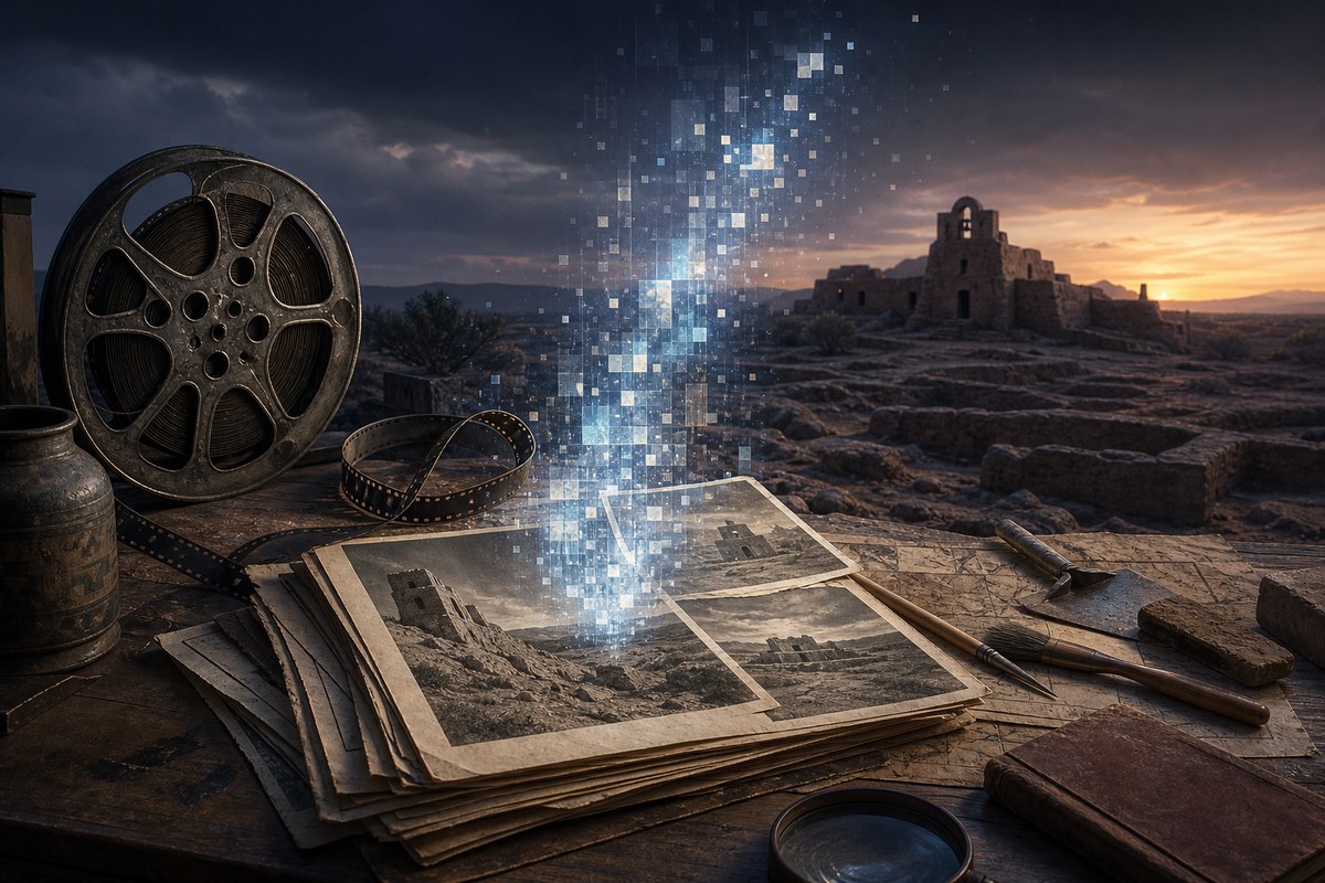 Abstract digital pixels and archival film materials on a Southwestern archaeological worktable.