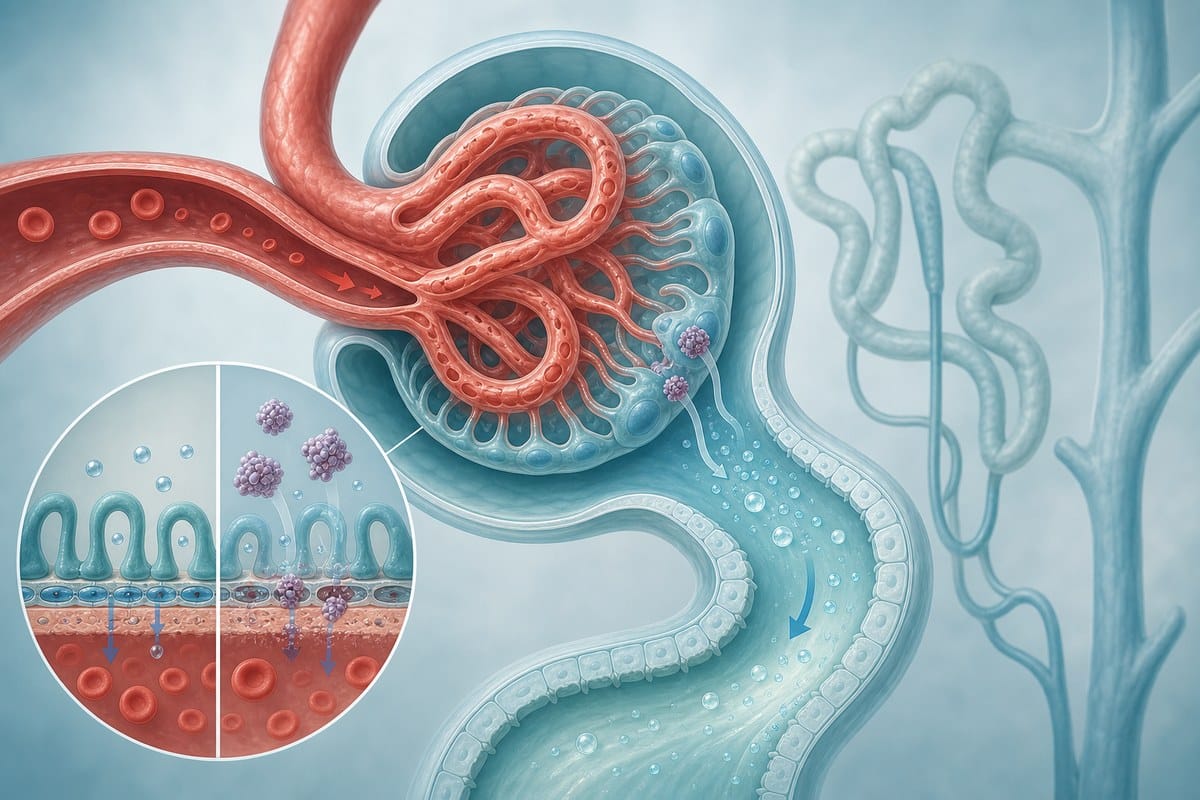 Illustration of kidney filtration and protein leakage through a damaged filter.