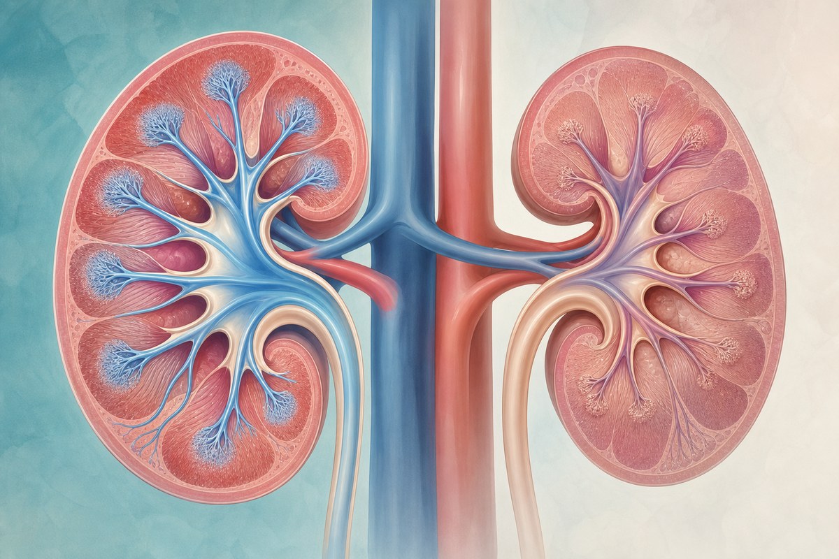 Conceptual illustration of kidneys with contrasting filtration pathways.