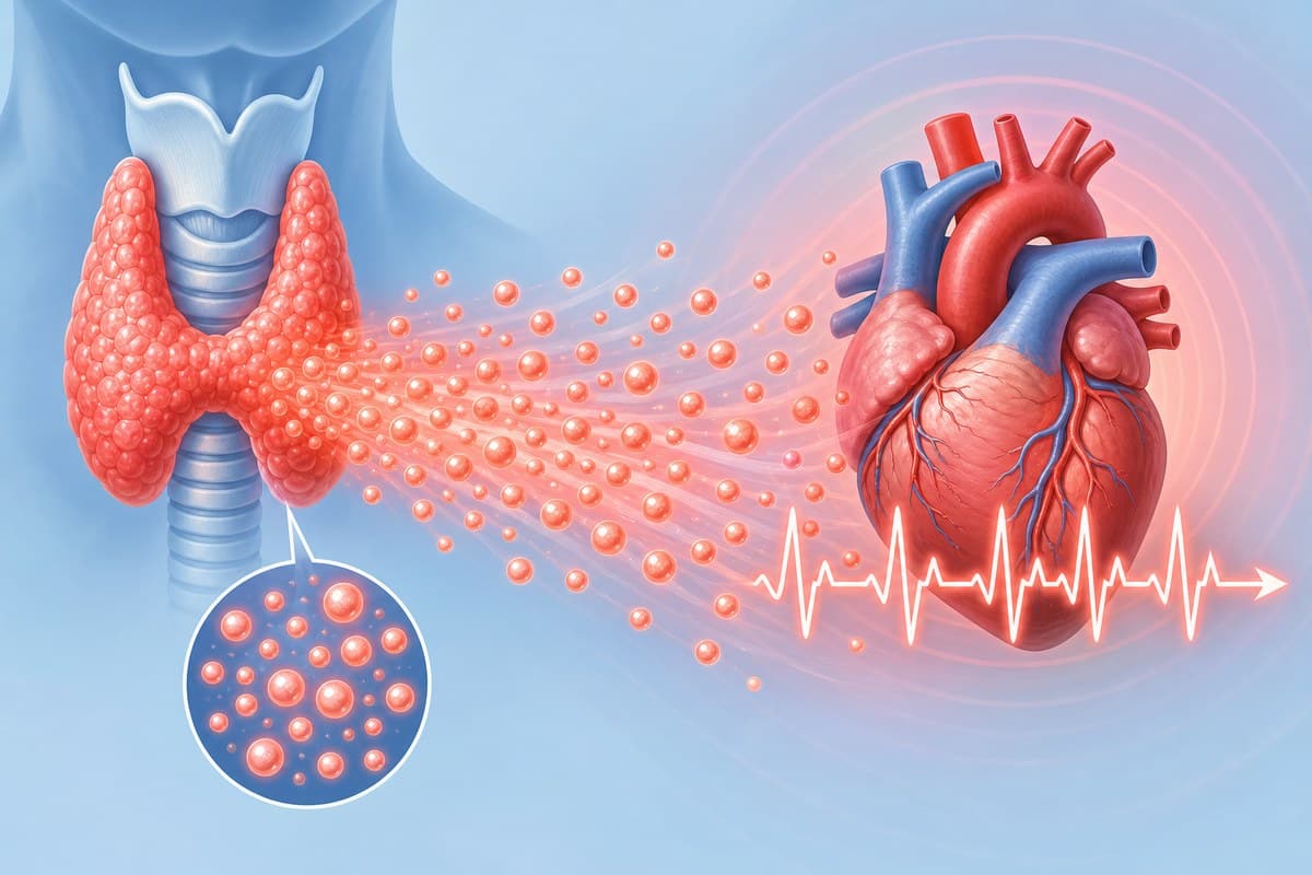 Illustration showing excess thyroid hormone affecting heart rate