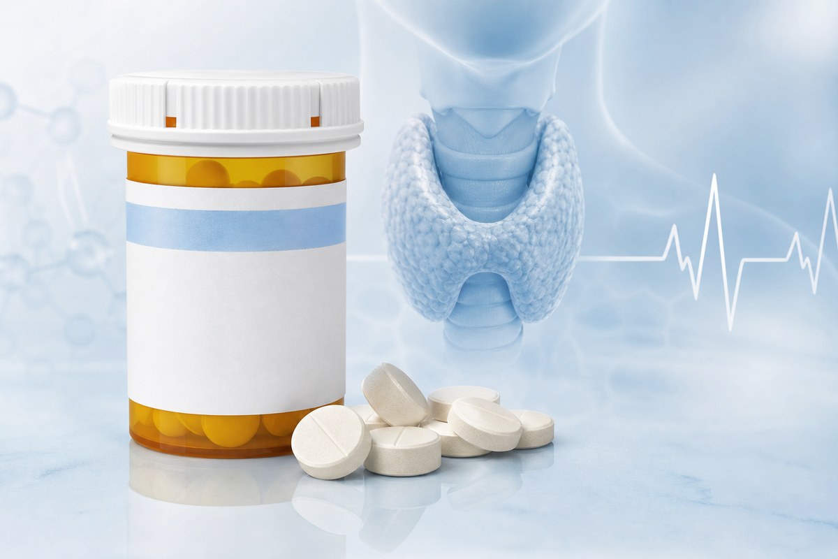 Illustration of thyroid tablets beside a prescription bottle and thyroid symbol