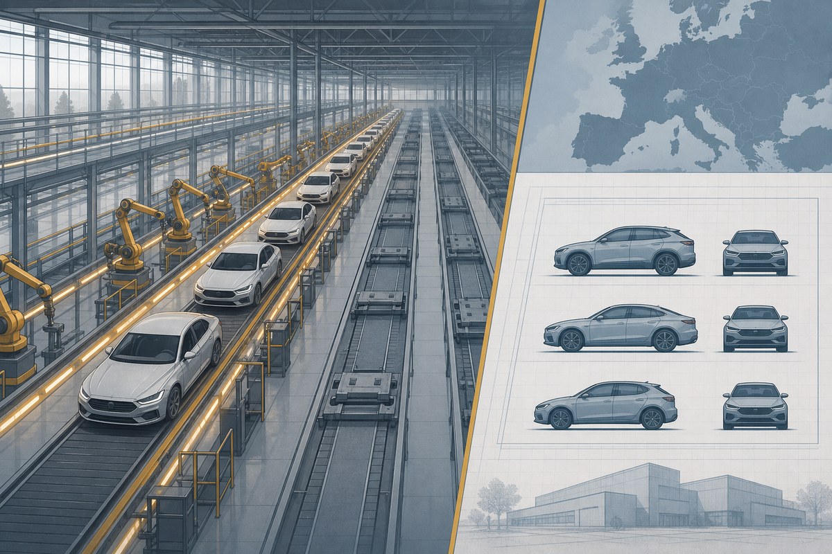Conceptual illustration of partially used auto production lines alongside a reduced set of vehicle models.