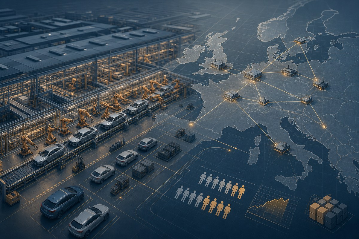 Editorial illustration of an automobile factory complex with reduced vehicle silhouettes and planning grids.