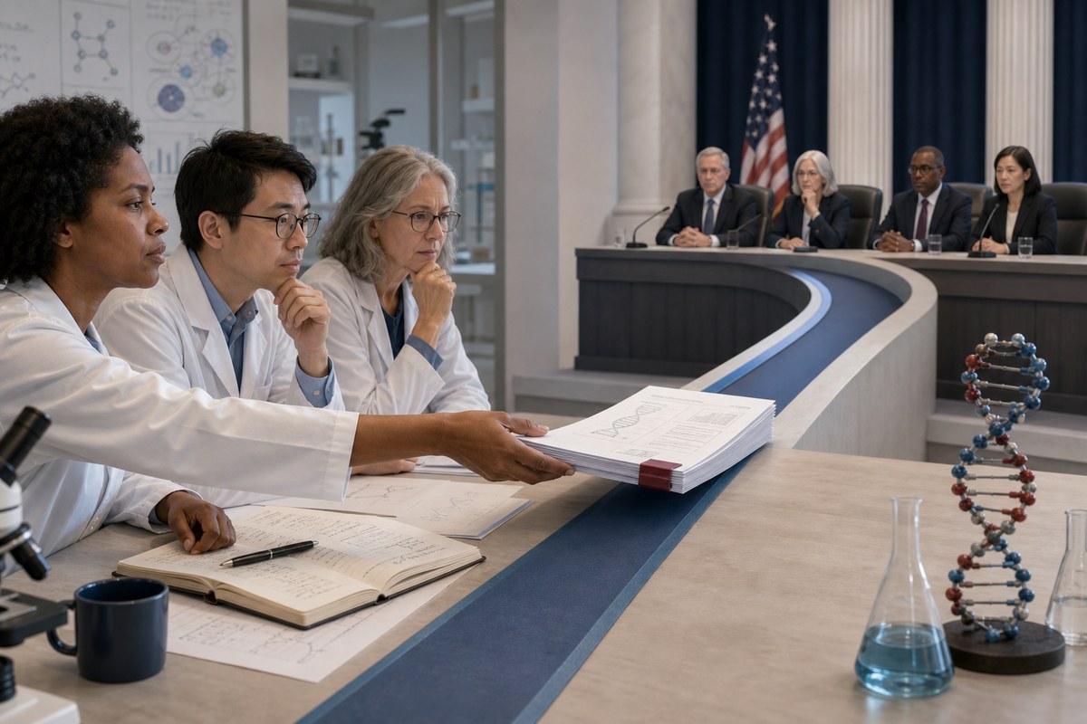 Conceptual illustration of a biomedical grant application passing from scientific reviewers to a government panel