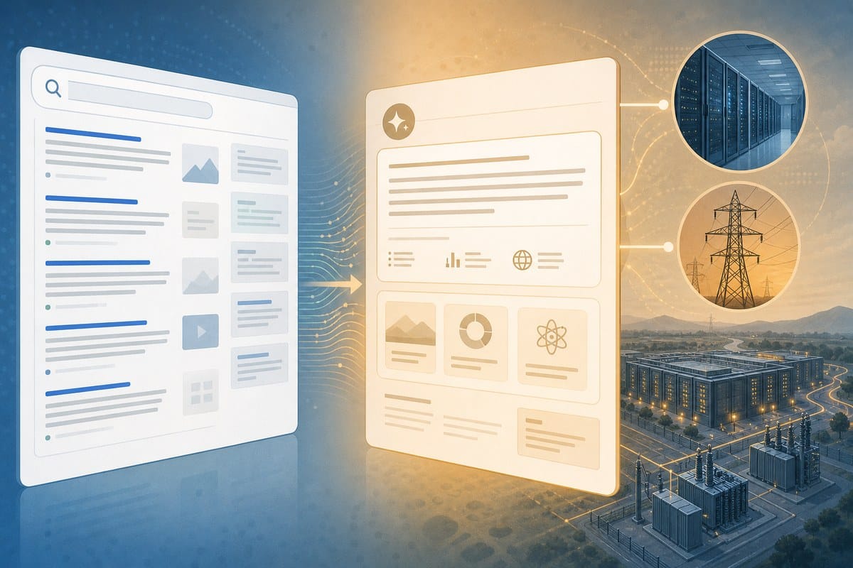 Conceptual illustration linking AI search answers, fewer ad spaces and data-center infrastructure