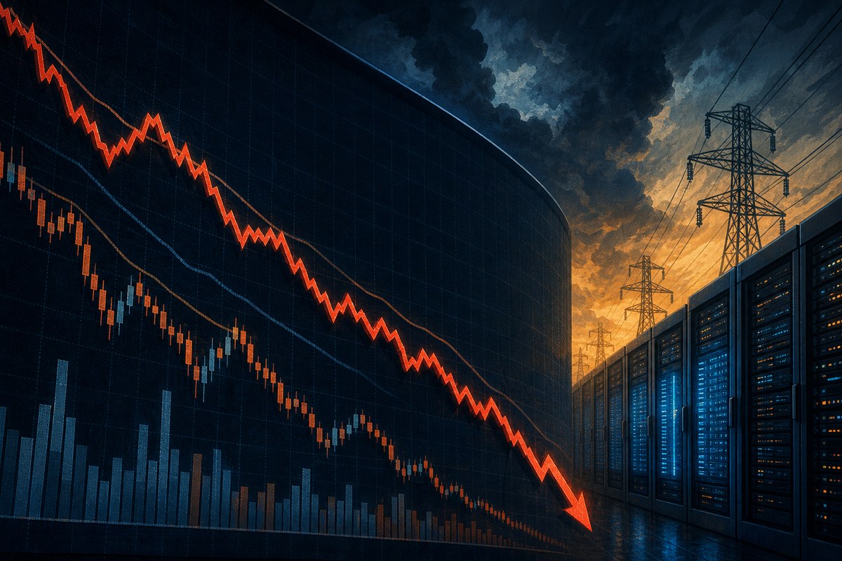 Abstract falling stock chart over server racks and power infrastructure