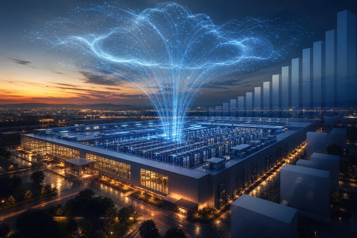 A stylized data center with glowing server racks and data streams rising into abstract clouds.