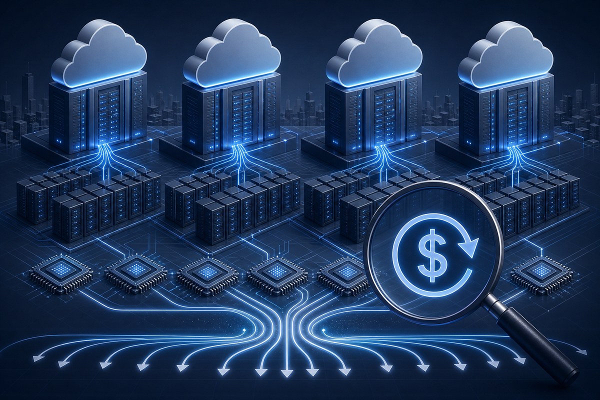 Conceptual illustration of large cloud companies funding AI data centers and chip infrastructure.