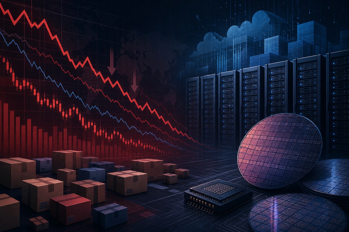 Abstract market decline with server racks, semiconductor wafers and falling chart lines.