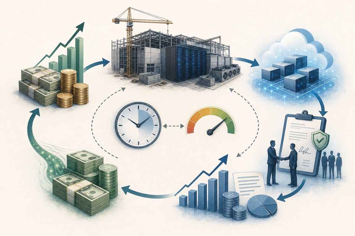 Conceptual flow from AI infrastructure spending through cloud capacity, backlog, revenue and cash generation