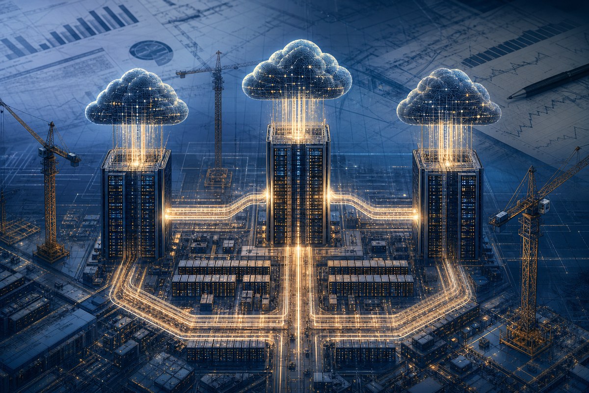 Abstract cloud-computing towers above a data-center grid with construction cranes