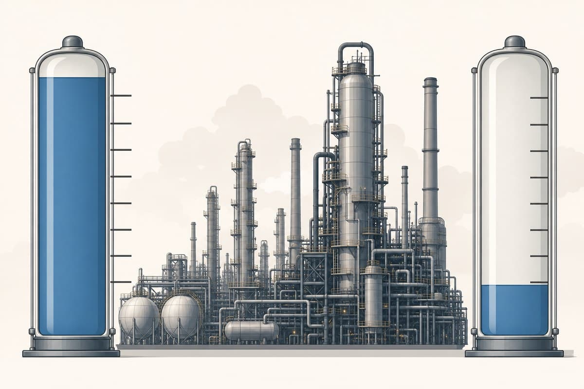 Conceptual refinery illustration showing a full capacity gauge beside a lower operating-rate gauge