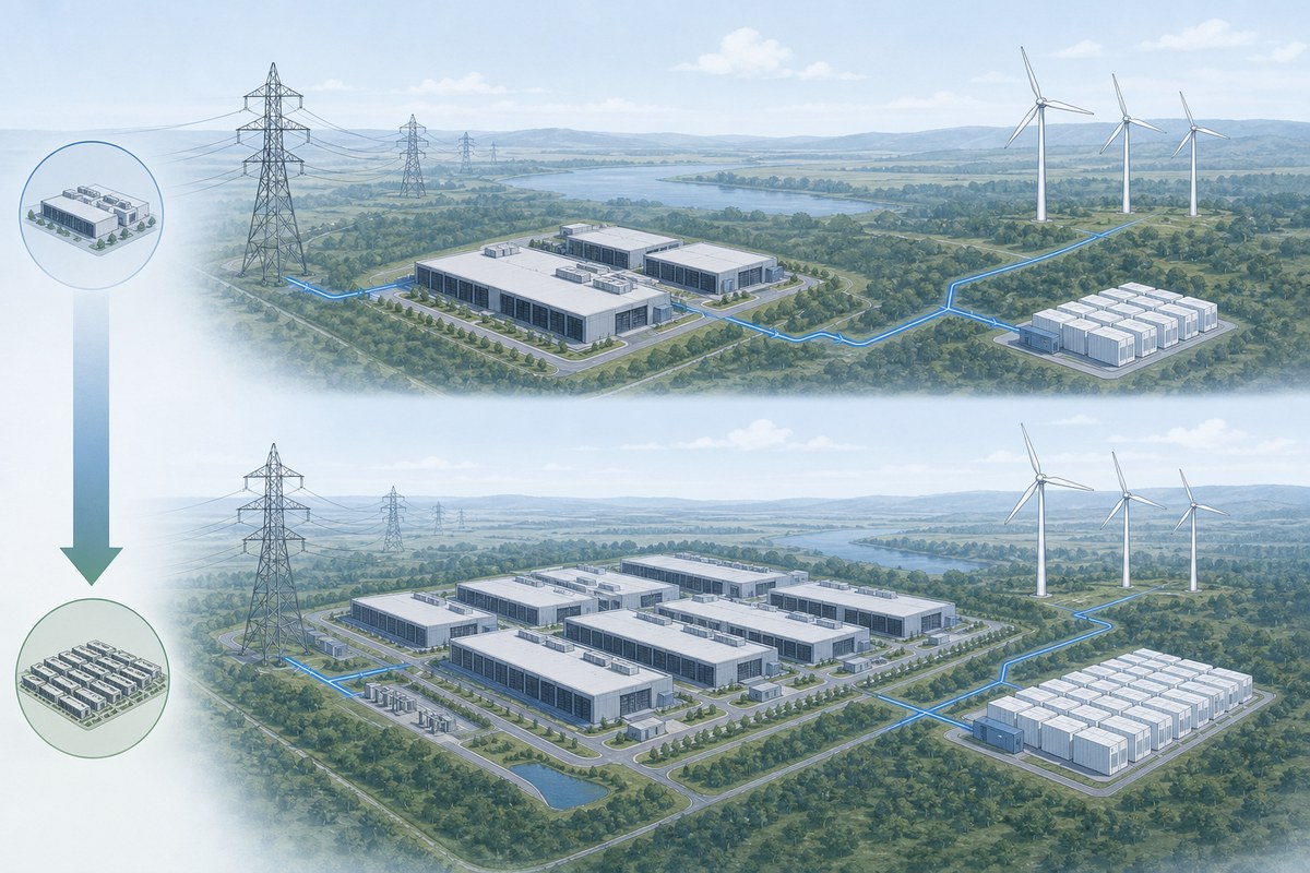Conceptual diagram of a data centre connected to the grid, wind generation and battery storage
