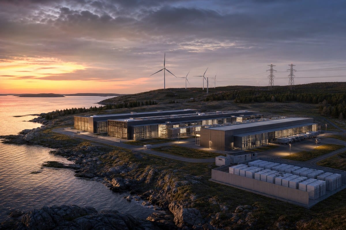 Conceptual coastal data-centre campus with wind turbines, transmission lines and battery storage