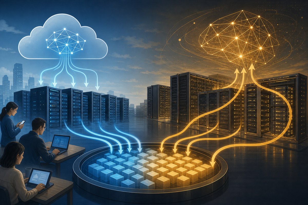 Conceptual illustration of shared computing capacity split between customer service and model training