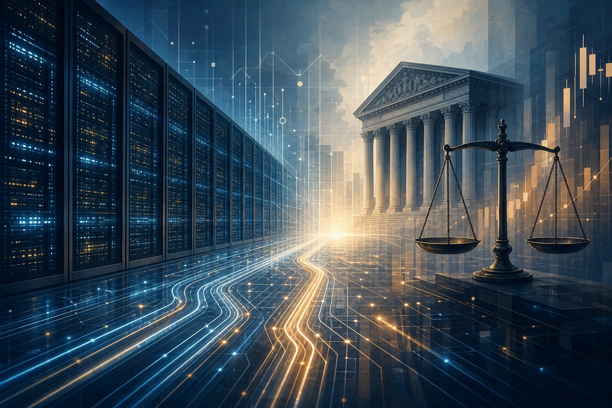 Abstract data center pathways leading toward a stock market building silhouette