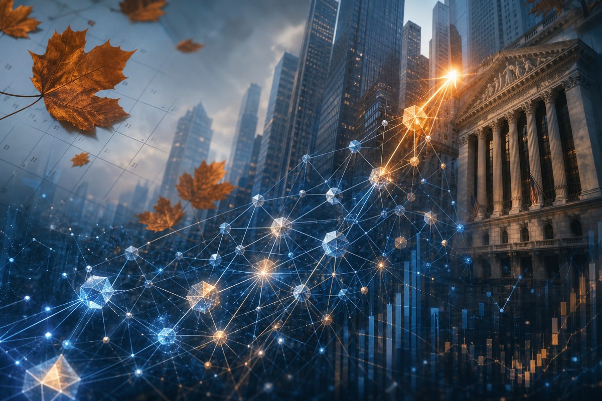 Abstract AI network rising toward a financial district with an autumn calendar motif.
