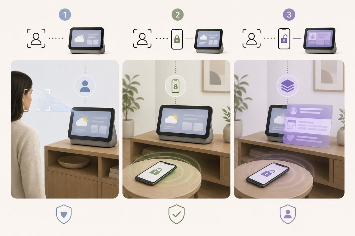 A conceptual diagram showing a smart display using a nearby unlocked phone to enable private household content.