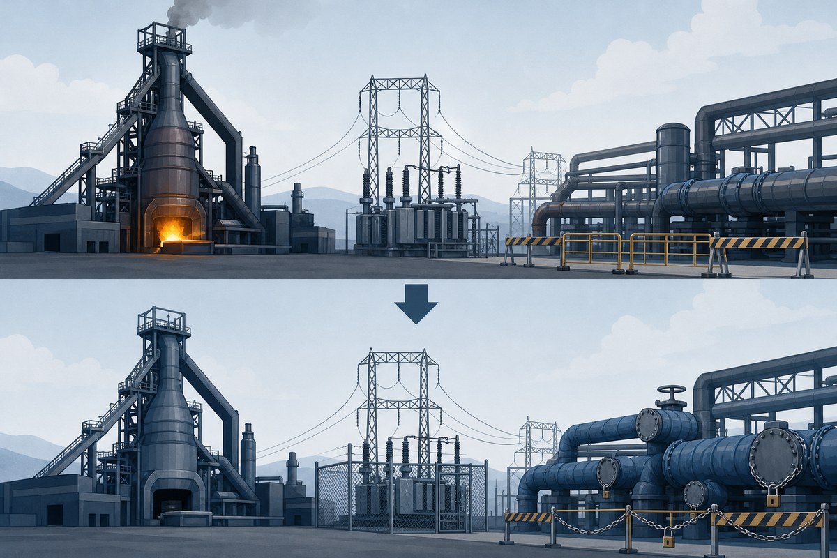 Conceptual steel plant diagram showing the shift from a partial halt to equipment preservation