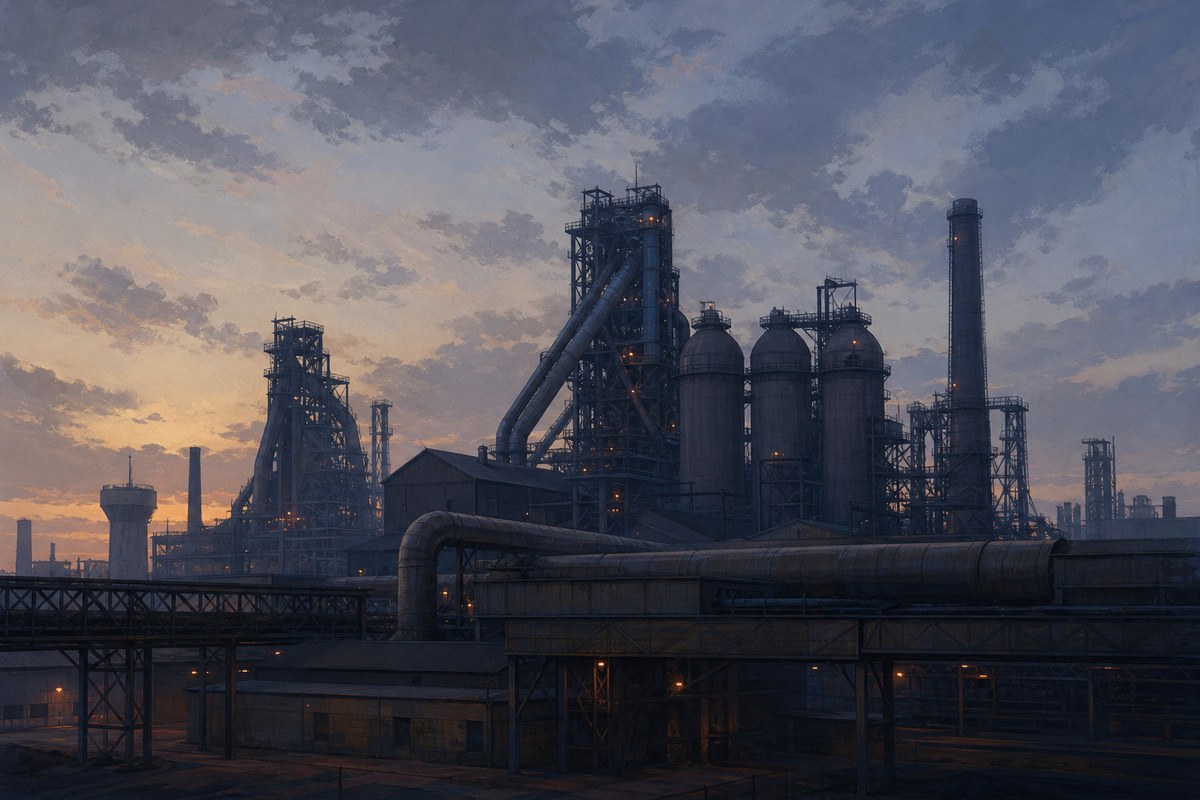 Quiet steelworks with dark blast furnace silhouettes and glowing safety lights at dusk