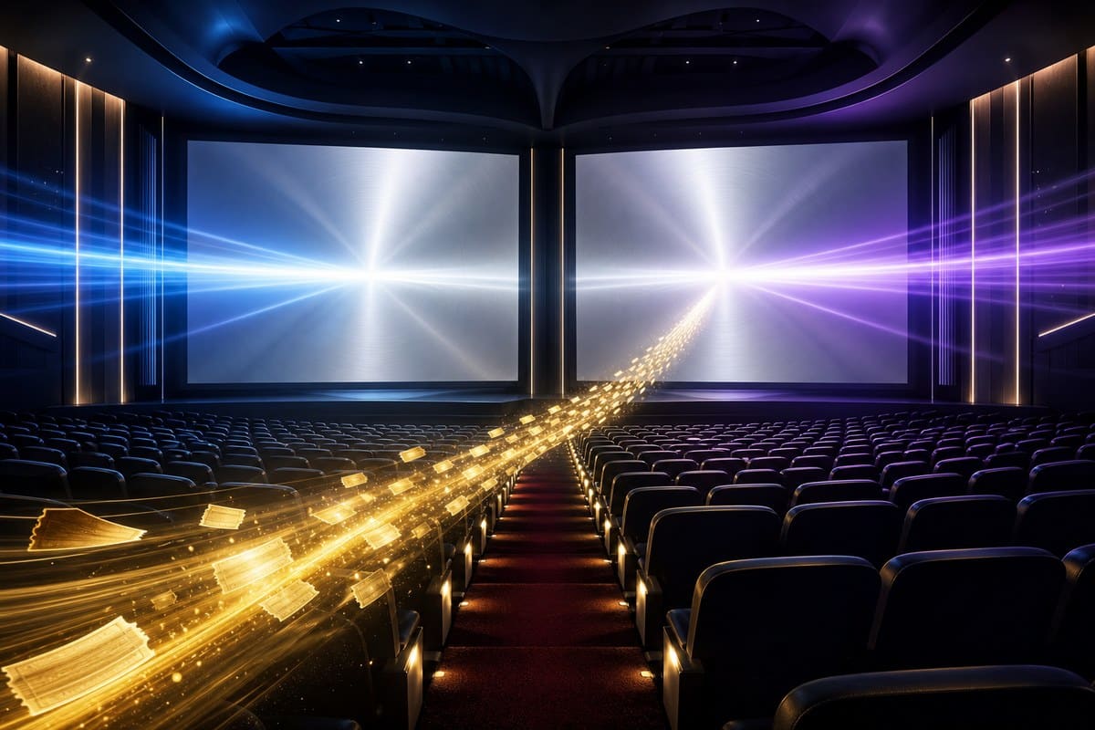 Illustrated movie theater with twin glowing screens and a stream of golden ticket light