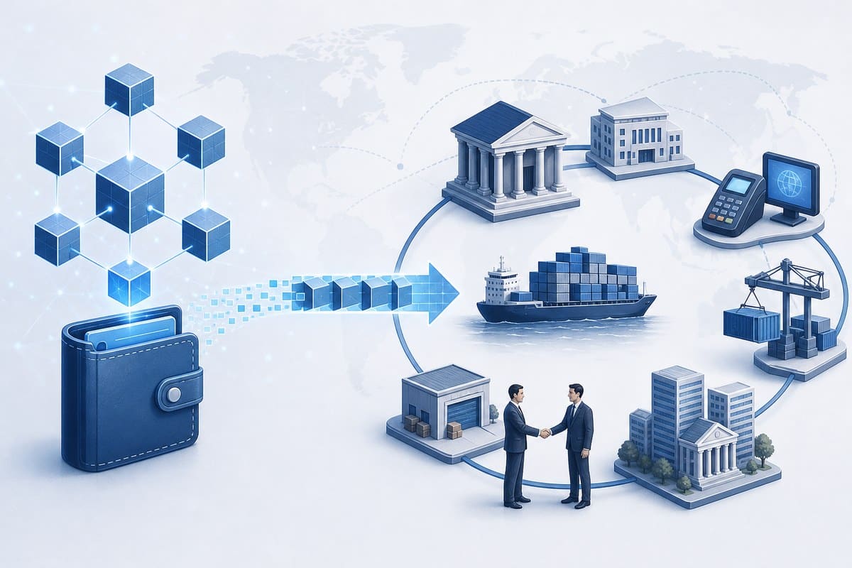 A blockchain transaction connects to, but does not replace, banks, shipping and trade counterparties.