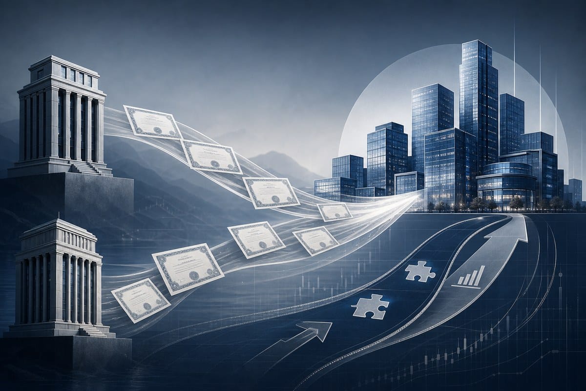 Abstract illustration of newly issued shares connecting an investor and a software company