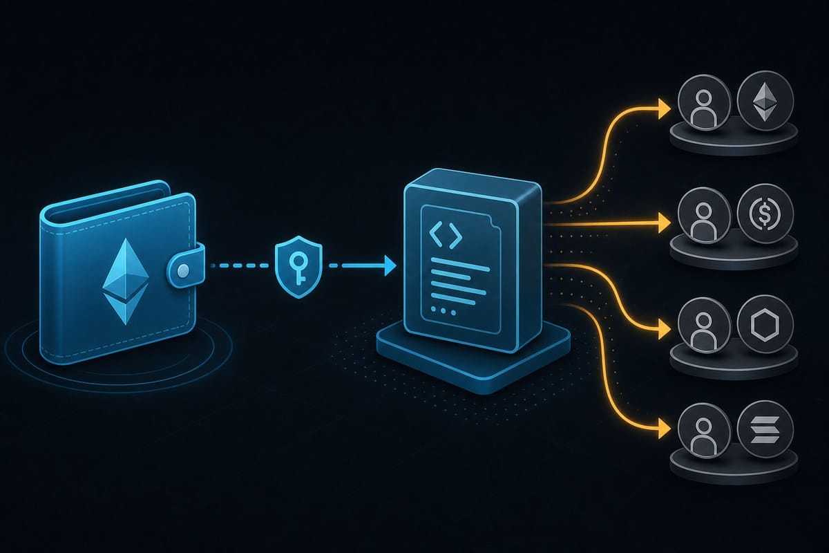 Conceptual diagram of a wallet delegating execution to a contract that sends assets outward