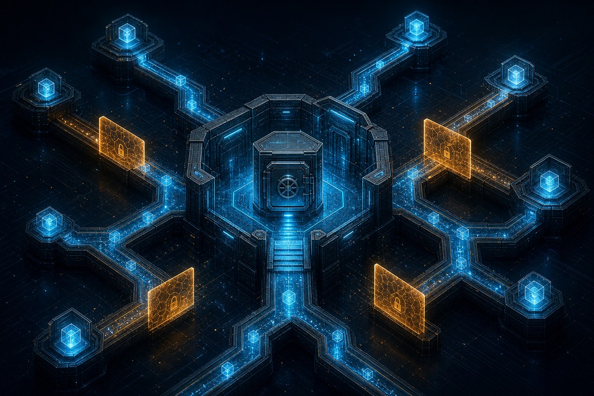 Abstract exchange wallet network with outgoing blockchain routes stopped by security barriers