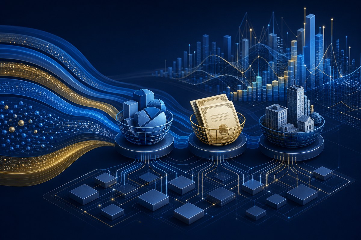 Abstract streams of capital flowing into ETF, bond and private-market structures