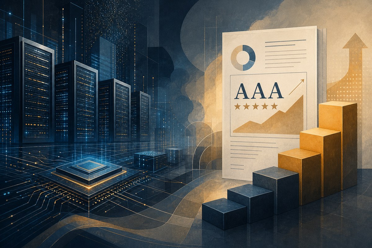 Abstract AI data center balanced with a credit-rating document and financing blocks
