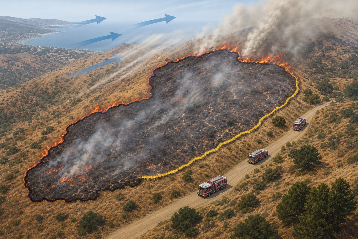 Conceptual illustration of a wildfire perimeter with crews securing part of the fire line in windy terrain.